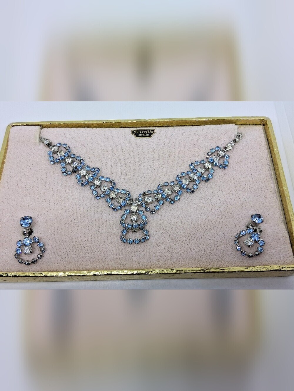 * Vintage Priscilla Blue & Clear Rhinestones Necklace & Screwback Earrings Set